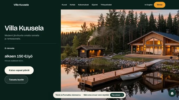 Villa Kuuselan sivu: valaistu mökki järven rannalla kesäisenä iltana.