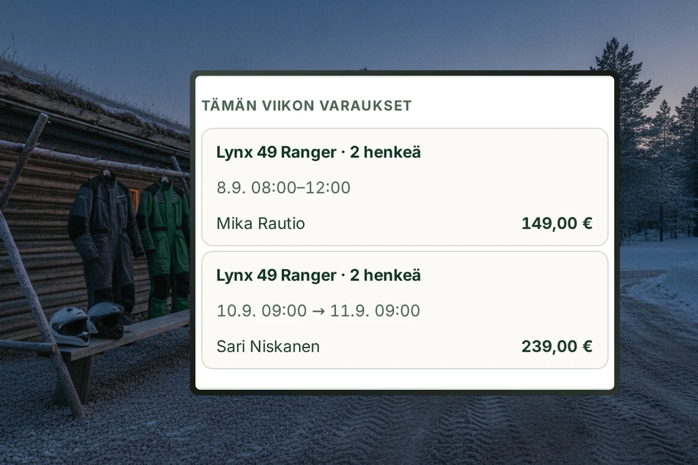 Kaluston kalenteri kelkkapihalla: viikon varaukset kellonaikoineen.
