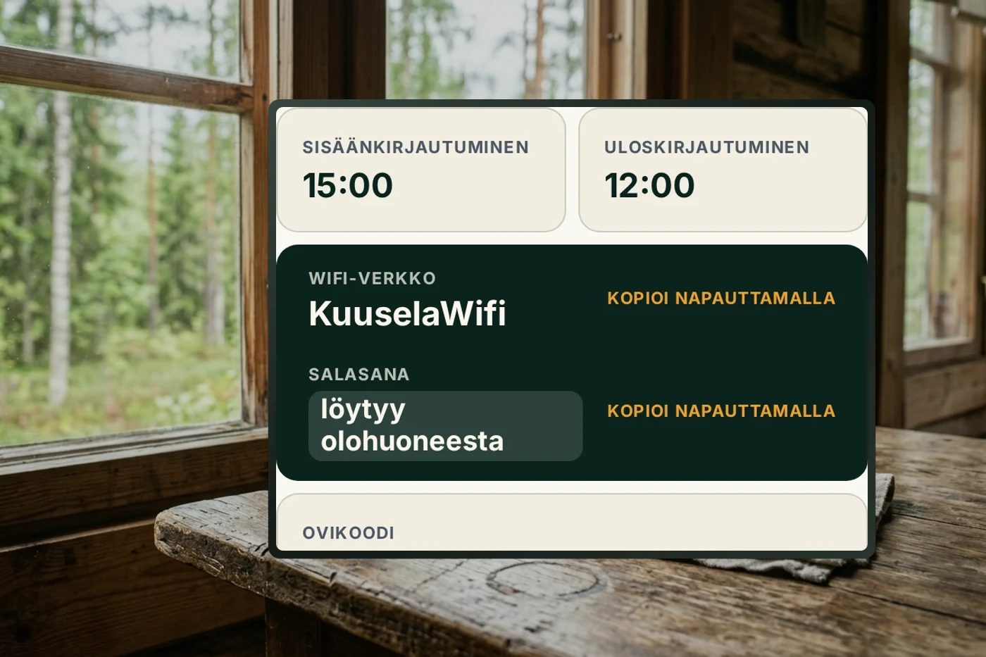 Vierasopas mökin ikkunapöydällä: sisäänkirjautuminen 15:00, wifi-tunnukset ja ovikoodi.