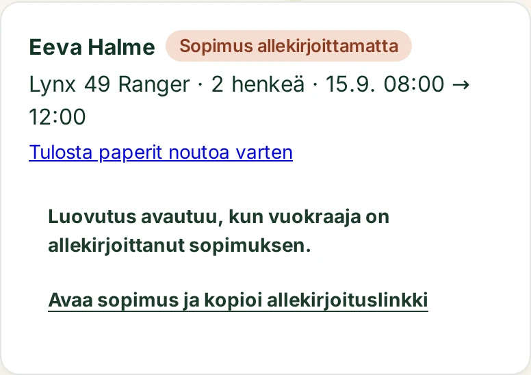 Kaluston varausjono: sopimuksen tila, noutoaika ja tulostettavat paperit.