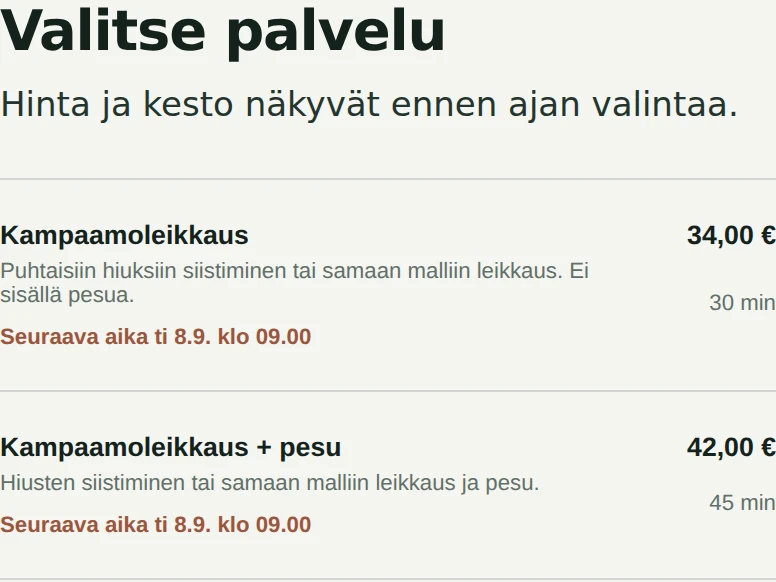 Ajanvaraussivu: palvelut hintoineen ja kestoineen sekä seuraava vapaa aika.