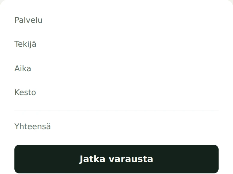 Ajanvarauksen yhteenveto: palvelu, tekijä, aika, kesto ja summa.