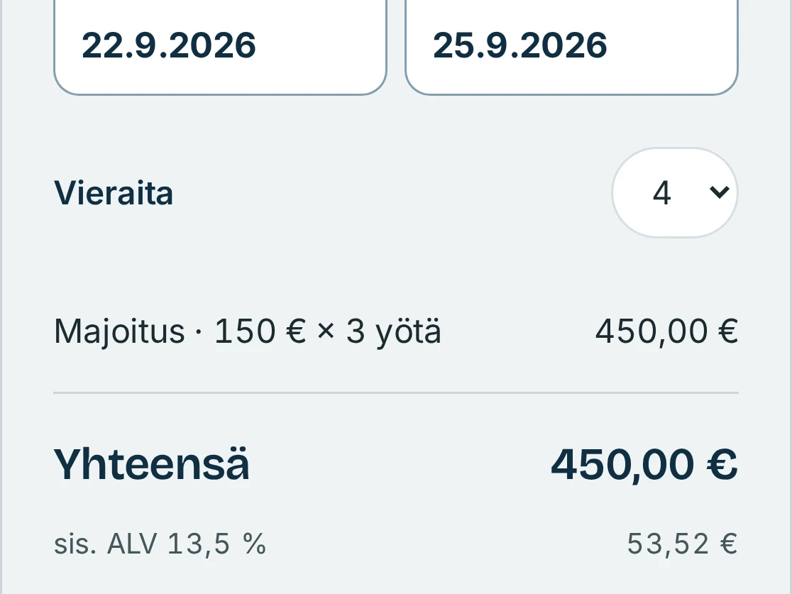 Maksuyhteenveto: 3 yötä, 450 €