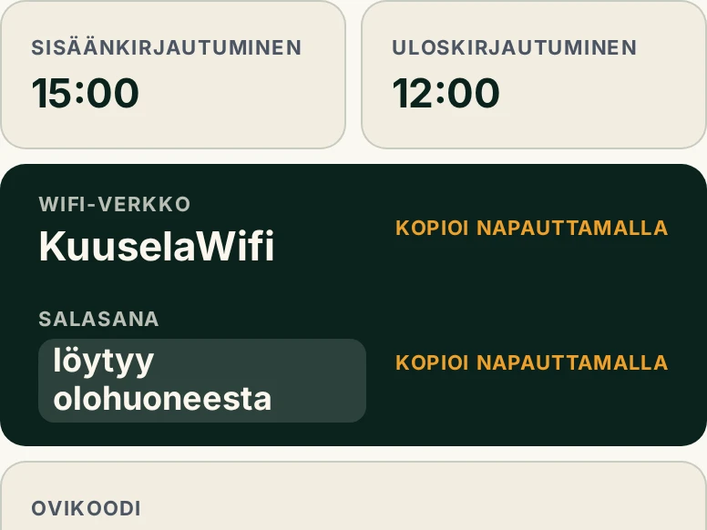 Vierasoppaan tilarivi: sisään- ja uloskirjautuminen, wifi-tunnukset ja ovikoodi.