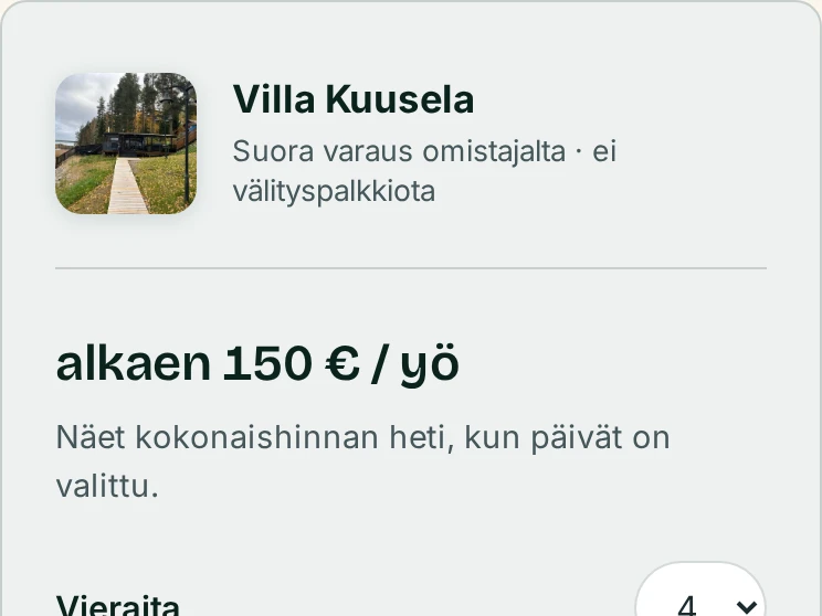 Asiakassivun varauspaneeli: suora varaus omistajalta, alkaen 150 € yö.