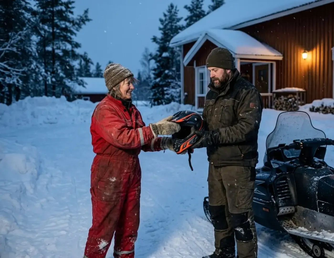 Kalustonvuokraaja luovuttaa moottorikelkan asiakkaalle pihalla
