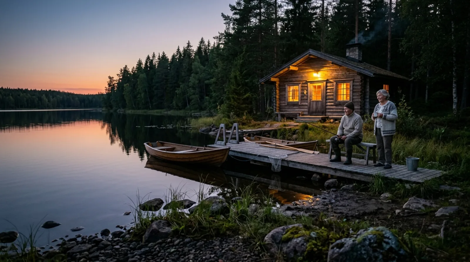 Mökki järven rannalla illalla