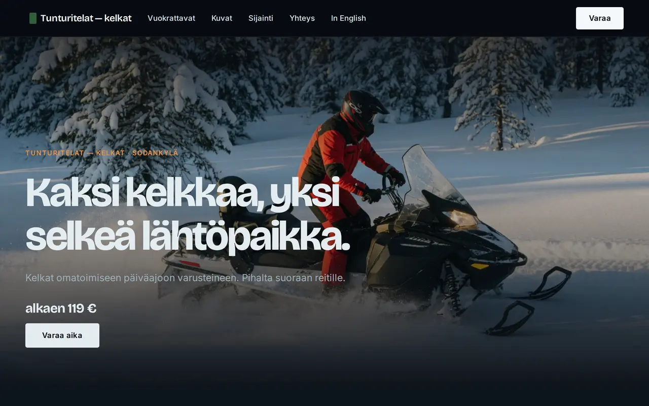 Kelkkavuokraamon sivu: kaksi moottorikelkkaa, alkaen 119 €, Varaa aika -painike.