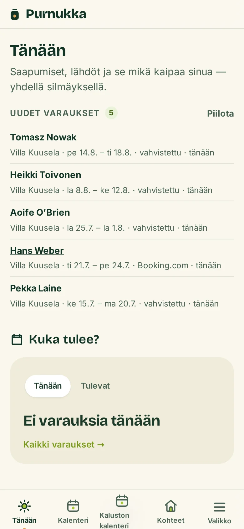Hallinnan Tänään-näkymä: uudet varaukset
