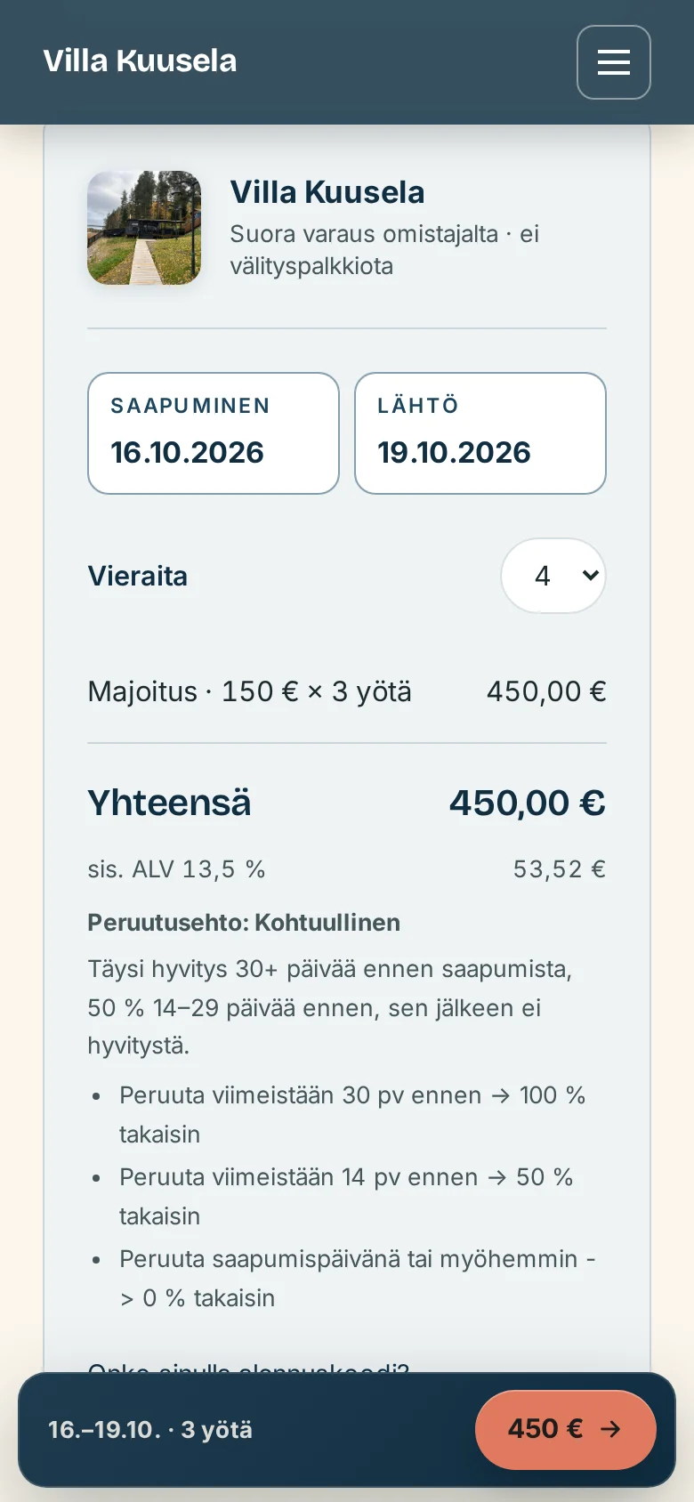Varauksen yhteenveto: 3 yötä, 450 euroa
