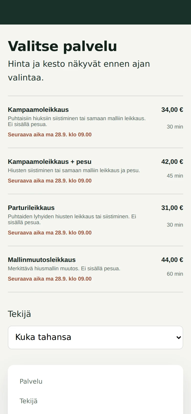 Palvelulista hintoineen ja kestoineen