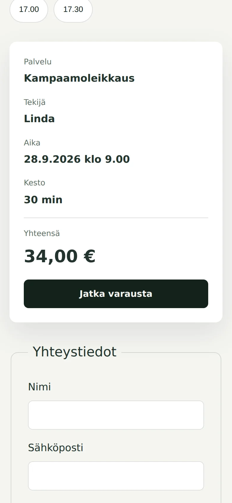 Ajanvarauksen yhteenveto: 34 euroa