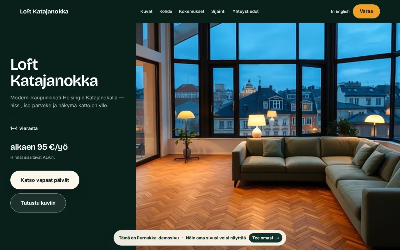 Loft Katajanokan sivu: kaupunkiasunnon olohuone suurine ikkunoineen.