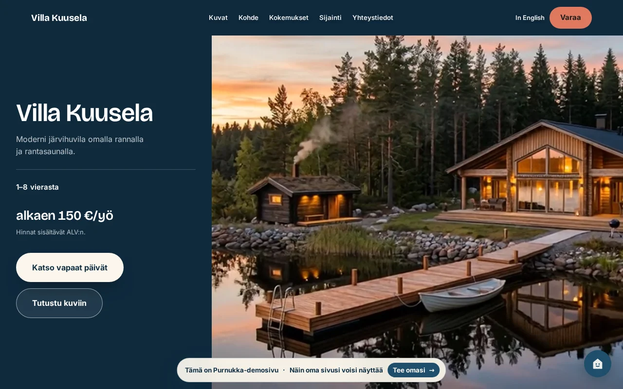 Villa Kuuselan sivu: valaistu mökki järven rannalla kesäisenä iltana.