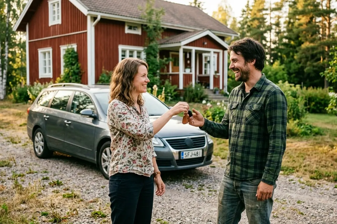 Vuokraaja ojentaa auton avaimet asiakkaalle pihatiellä.