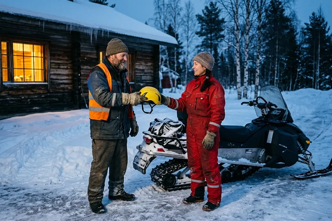 Vuokraaja käy moottorikelkan kunnon läpi asiakkaan kanssa ennen luovutusta.