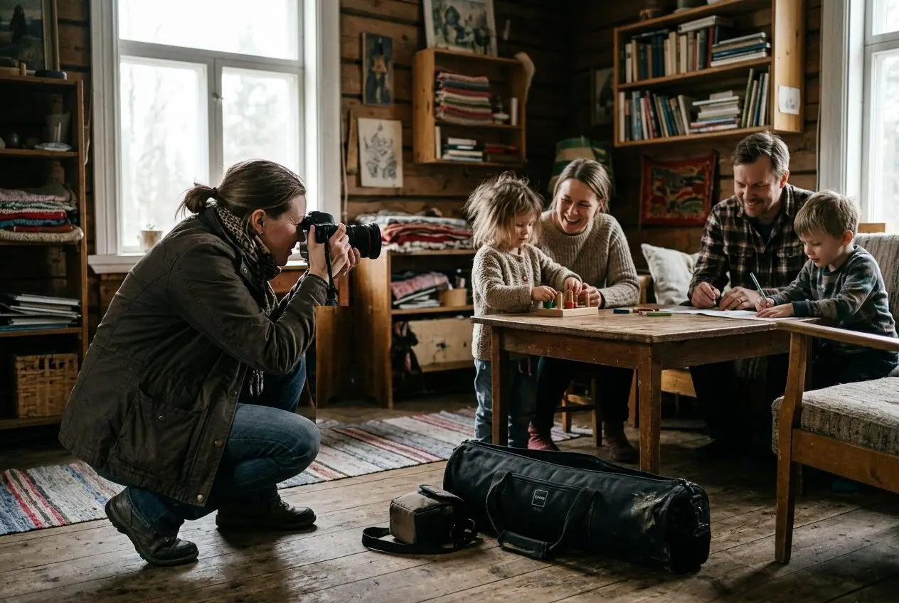 Valokuvaaja käy kuvauksen kulun läpi asiakkaan kanssa studiossa.